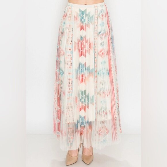 NEW Origami Cream Aztec Tribal Orange Red Blue Tulle Overlay 2 Tier Maxi Skirt M - Picture 3 of 6